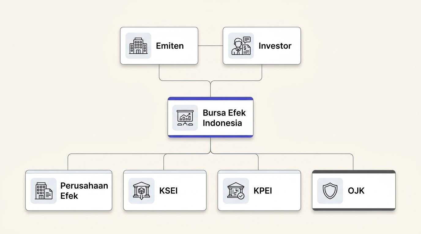 Diagram tiga lapis struktur bursa: emiten, investor, dan lembaga perantara dengan garis hubung.