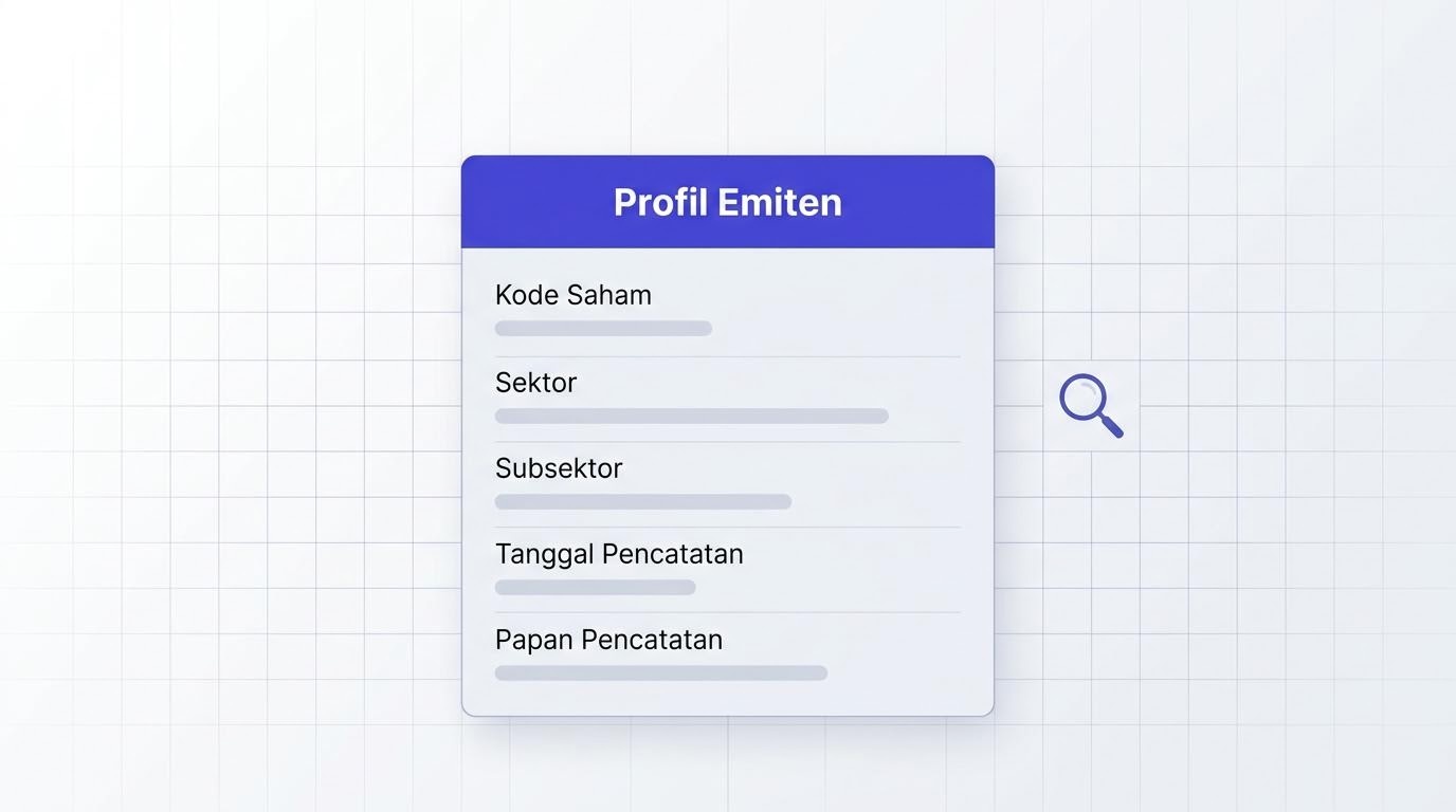Kartu profil emiten dengan kode saham, nama perusahaan, sektor, dan ringkasan data keuangan.