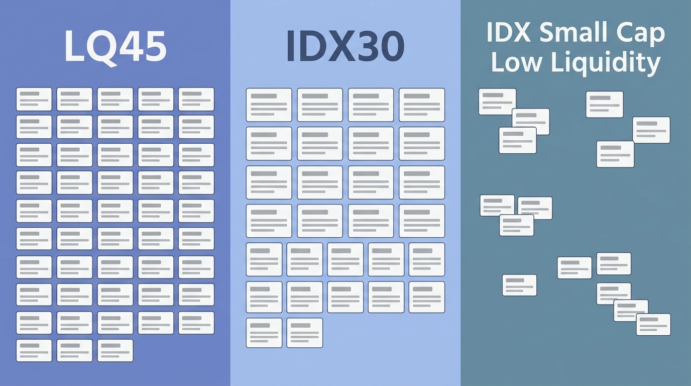 Tiga panel indeks saham IDX LQ45, IDX30, dan IDX Small Cap Low Liquidity berdampingan.