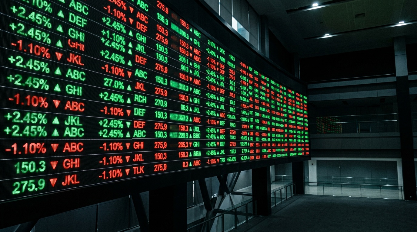 Papan elektronik indeks IHSG yang menampilkan angka pergerakan saham di lantai bursa.