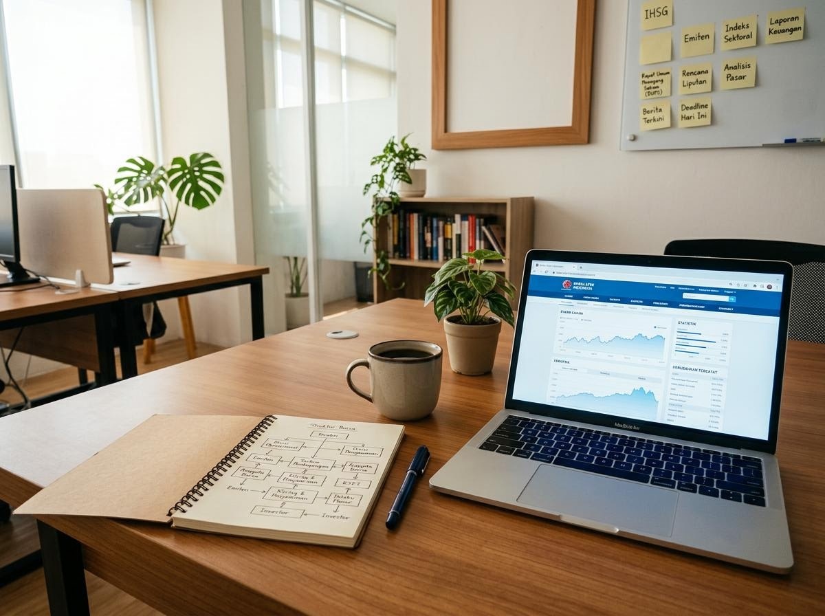 Meja kerja editorial dengan buku catatan, papan tulis berisi diagram struktur bursa, dan layar menampilkan situs resmi IDX.