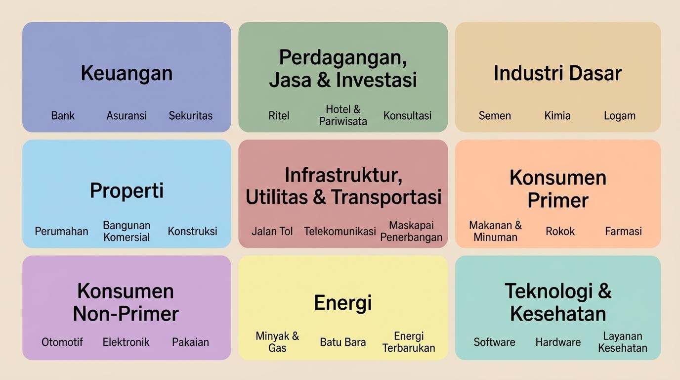 Peta sektor dan subsektor Bursa Efek Indonesia dengan sembilan kelompok warna berbeda.